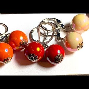 Red, Orange And Pale Yellow Round Jade Bead Drop Earrings